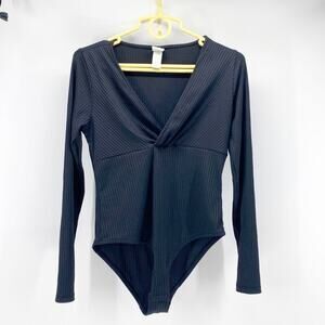H&M black faux wrap ribbed black bodysuit date night girls night basic